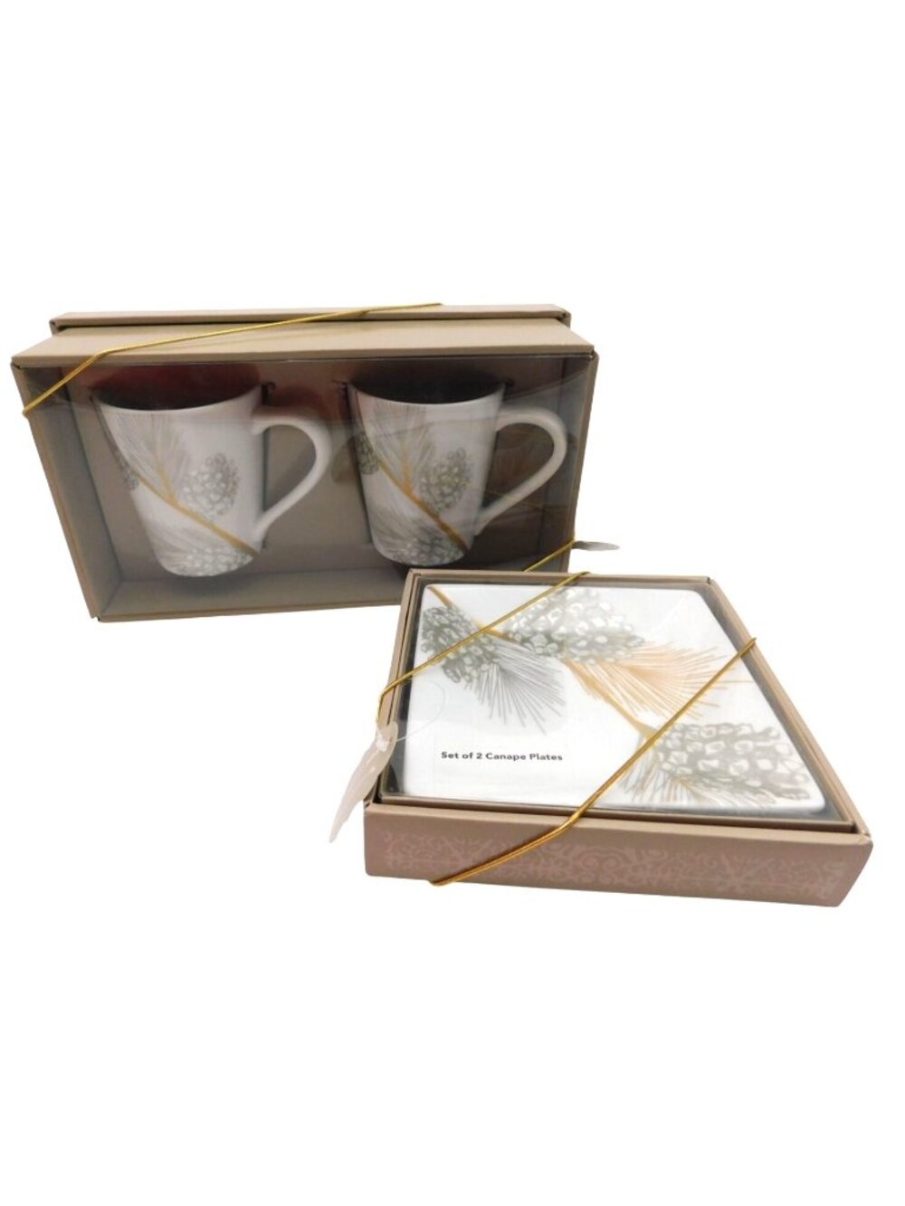 St. Nicholas Square Holiday Mug & Canape Plate Gift Set Gold Silver Pinecone